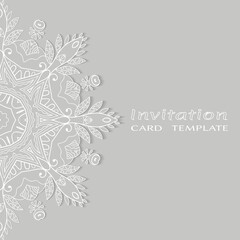 Invitation or Card template with lacе frame border, doodle line pattern, mandala element. Decorative openwork filigree art background for Wedding, Valentine's day greeting card, Birthday Invitation