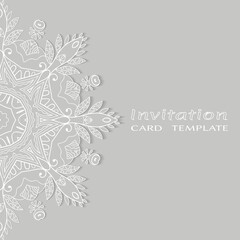 Invitation or Card template with lacе frame border, doodle line pattern, mandala element. Decorative openwork filigree art background for Wedding, Valentine's day greeting card, Birthday Invitation