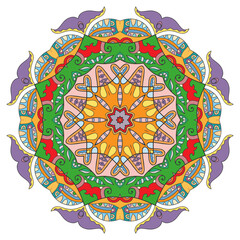 Mandala flower decoration, hand drawn round ornament, isolated design element on a white background. Vector geometric floral pattern. Tribal ethnic fashion motif for paper, textile, cloth fabric print