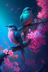 Spring. A couple of birds sitting on top of a tree. Generative AI