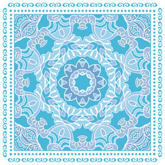 Decorative doodle ornament, symmetric pattern with lace frame. Tribal ethnic mandala decor. Bandana shawl, hijab, tablecloth fabric print, silk neck scarf, kerchief design. Colorful vector background