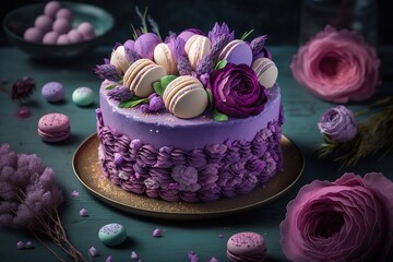 Obraz na płótnie Canvas Beautiful purple cake decoraited of fresh flowers, macaroons and meringue. Love concept, Wedding cake, birthday cake, background, AI generated