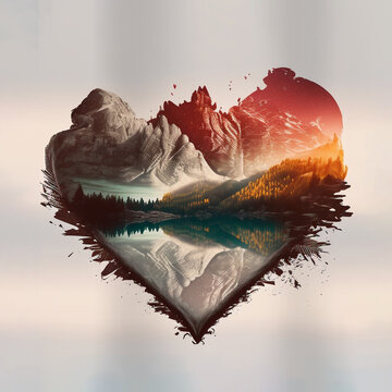 Abstract illustration with heart and mountain landscape