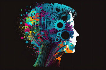 Emotional intelligence is defined as the ability to understand and manage your own emotions. Many color gears in the silhouette of man head. AI generative