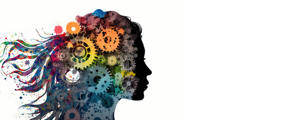 Emotional intelligence is defined as the ability to understand and manage your own emotions. Many color gears in the silhouette of female head. AI generative