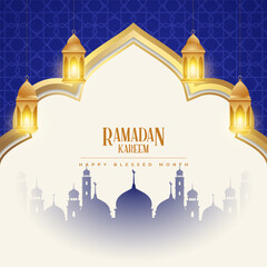 Modern luxurious ramadan kareem Islamic background greeting with lantern and mosque portal