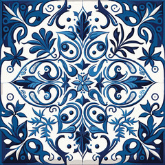 Retro Azulejo Mosaic Tile, Vintage Portuguese Wall Ceramic Seamless Pattern, Old Blue Tiles Background