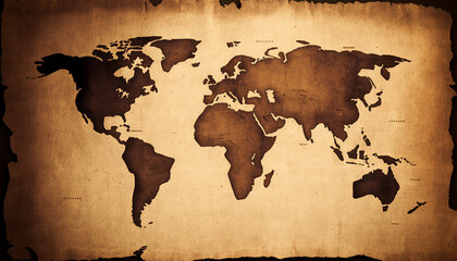 World map on old paper, textured brown paper sheet