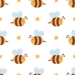 Vector seamless pattern with bees and stars. Striped honey bee and yellow stars on white background. Pattern with bumblebees.