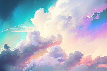 Watercolor pastel cotton candy clouds sky background. Illustration