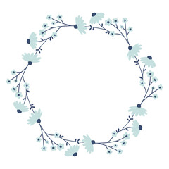 Vector wreath with blue flowers. Floral frame for celebrations. Flower round border copy space. Romantic design for greeting cards and invitations. Floral text template with spring plants.