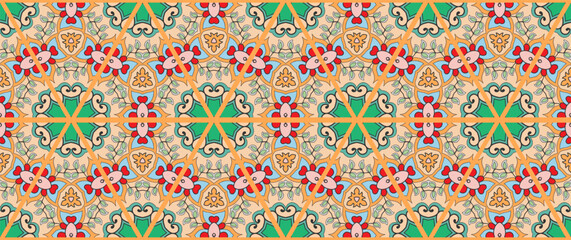 Colorful seamless triangle patchwork pattern. Abstract hand drawn art, stylized floral doodle ornament. Tribal ethnic arabic, indian decor. Vector collage quilt pattern. Textile fabric paper print