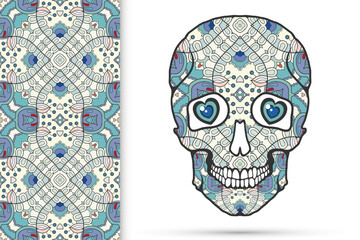 Day of The Dead colorful Sugar Skull with doodle ornament and decorative seamless floral geometric pattern. Hand drawn art background, tattoo, Halloween party card design, textile or paper print