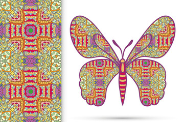 Decorative butterfly and colorful doodle seamless pattern, hand drawn repeating texture. Isolated elements for textile fabric, paper print, invitation or greeting card design. Vector animal collection