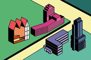 illustration isometric 45 building city land landscape space edifice office map condominium apartment house infographic graphic vector city downtown center architecture edifice estate exterior
