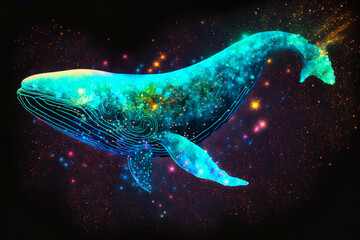 Fototapeta na wymiar Neon, magic, acid, futuristic, space whale illustration