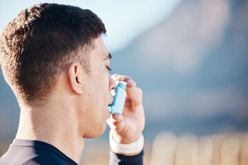 Asthma, inhaler and fitness with a runner man outdoor on mockup for cardio or endurance training. Breathing, tired and lungs with an exhausted athlete struggling to breath while running for exercise - obrazy, fototapety, plakaty
