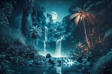 Obraz premium Midnight in tropical forest with waterfalls and palmtrees. Generative AI