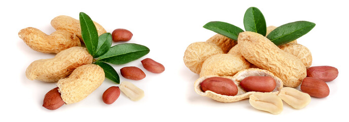 peanuts with leaf isolated on white background