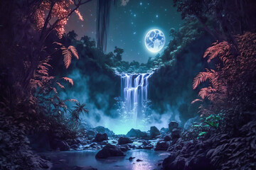 A beautiful enchanted forest with big fairytale trees, waterfall and great vegetation. Background illustration wallpaper. Generative ai.