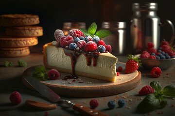 cheesecake with fruit on white table. AI generativ.