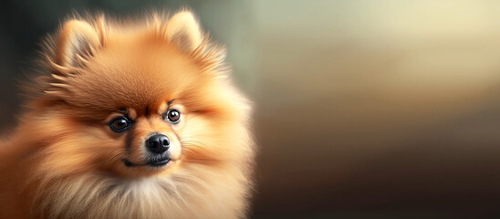 Obraz premium Portrait of cute fluffy puppy of pomeranian spitz with dark background and free space for text, generative ai