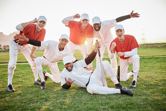 Men, portrait or success on baseball field, games or sunset match victory in diversity fitness, exercise or workout achievement. Smile, happy or cheering softball players in winner sports or teamwork - Powered by Adobe