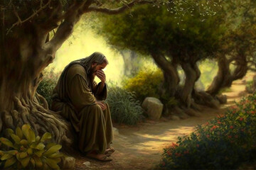 Jesus Christ praying in the garden of olive. AI generativ.