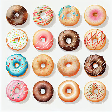 Hand drawn doughnut collection. Colorful sweets isolated on white background. Generative AI