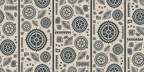 Drawing pattern abstract African tribal geometric shapes, ancient ethnic traditional symbols and ornate signs with decorative batik motifs, hand drawn stripes line. Vector illustration textile print.