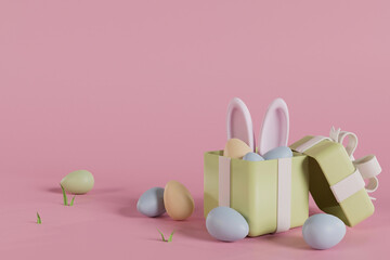 Easter day design. Realistic green gifts boxes. Open gift box full of decorative festive object. Spring Easter background. 3d illustration.