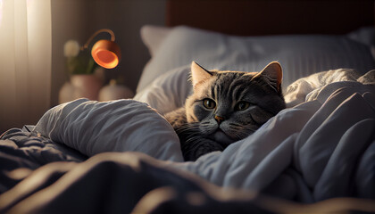 Generated AI.Photograph of gray cat in bed with morning light.