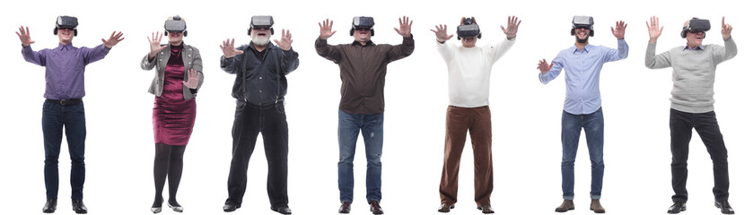 group of people with 3d glasses hands up isolated on white