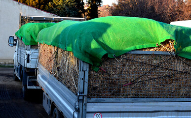 a properly covered pile of garden maintenance grass clippings on a trailer with a trellis body for...