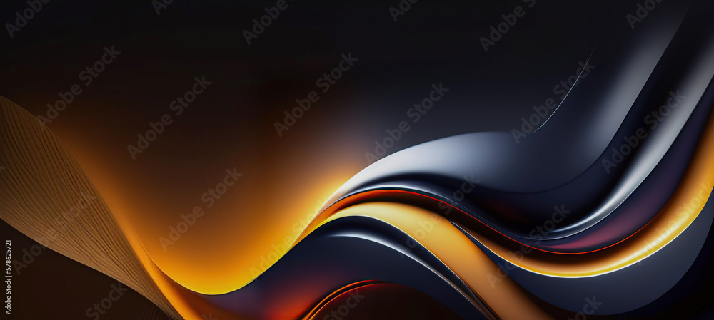 Aufkleber Dark widescreen beautiful background with 3D wavy dark blue and orange abstraction. AI generated.