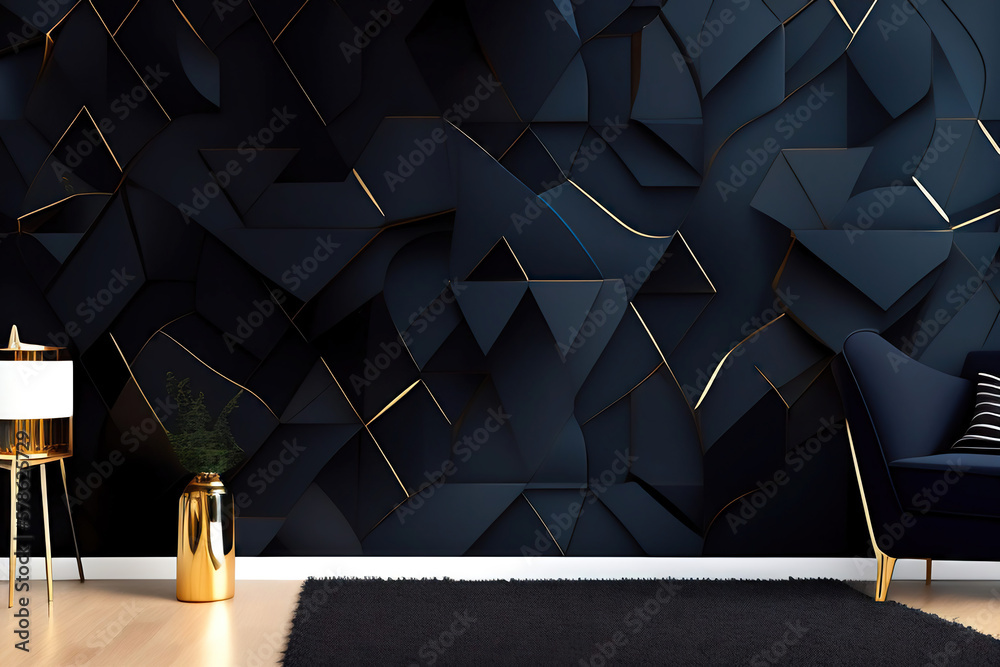 Poster interior with a beautiful black wall with 3d abstract pattern of polygons and furniture with golden 