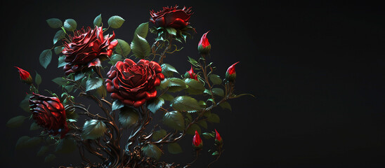 Red roses on a dark background and free space for text, generative ai