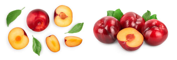 fresh red plum and half with leaves isolated on white background. Top view. Flat lay