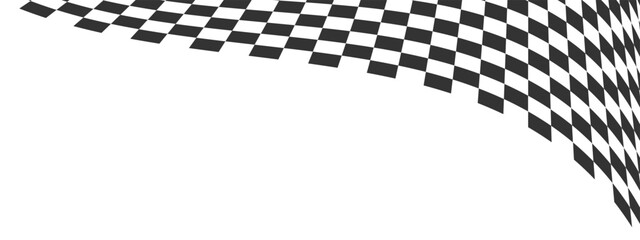Wavy race flag or chessboard texture. Warped black and white chequered pattern. Motocross, rally, sport car or chess game competition banner background. - obrazy, fototapety, plakaty