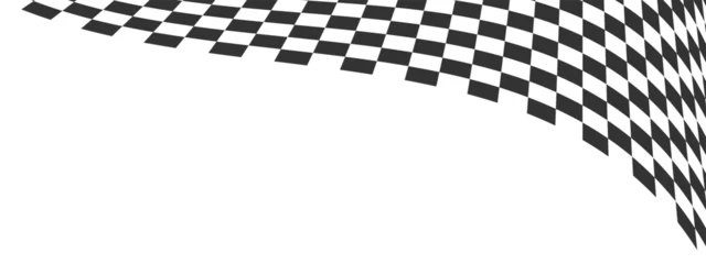 Fotobehang Wavy race flag or chessboard texture. Warped black and white chequered pattern. Motocross, rally, sport car or chess game competition banner background. © Andrii