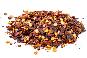 Red Pepper Flakes. Dried chili flakes and seeds isolated on white background