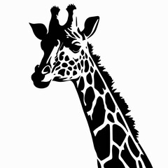 Black silhouette of giraffe head and neck on white background. Vector african animal, isolated icon with giraffe animal face in simple style, decal, sticker. Concept for savannah safari, tattoo, zoo - obrazy, fototapety, plakaty