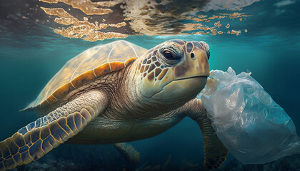 Fototapeta premium Plastic pollution In ocean, turtle eat plastic bag, environmental problem. Generative AI