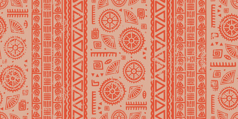 Ethnic motifs pattern, Tribal hand drawn abstract drawing. Vector illustration african navajo ornaments. Geometric red color design. Afro mexican style. Good for fashion textile print. - obrazy, fototapety, plakaty