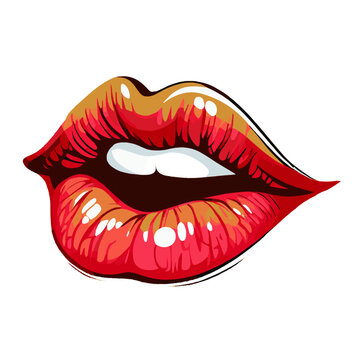 Sexy lips, women open mouth with red lipstick and white teeth. Female pop art vector glossy and shiny lip. Sensual girl hot mouth, cartoon vintage retro glamour sticker isolated on white background