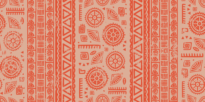 Ethnic motifs pattern, Tribal hand drawn abstract drawing. Vector illustration african navajo ornaments. Geometric red color design. Afro mexican style. Good for fashion textile print.