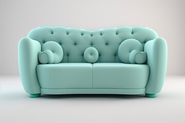 Couch in refreshing mint color, displayed alone against a white background. Looking forward. The latest in contemporary furniture. Elegant sofa, designed in keeping with modern tastes. Generative AI