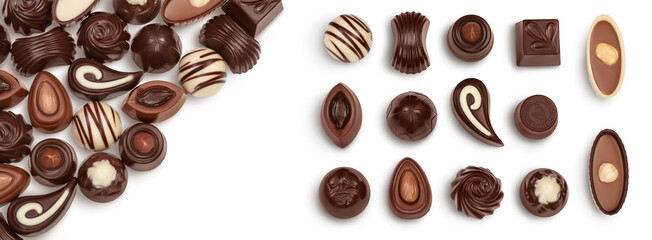 Chocolate candy isolated on white background with full depth of field. Top view with copy space for your text. Flat lay