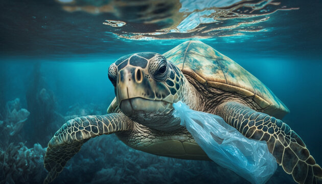 Plastic pollution In ocean, turtle eat plastic bag, environmental problem. Generative AI