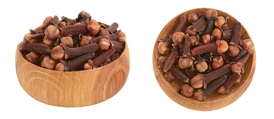 Dry spice cloves in wooden bowl isolated on white background with full depth of field.